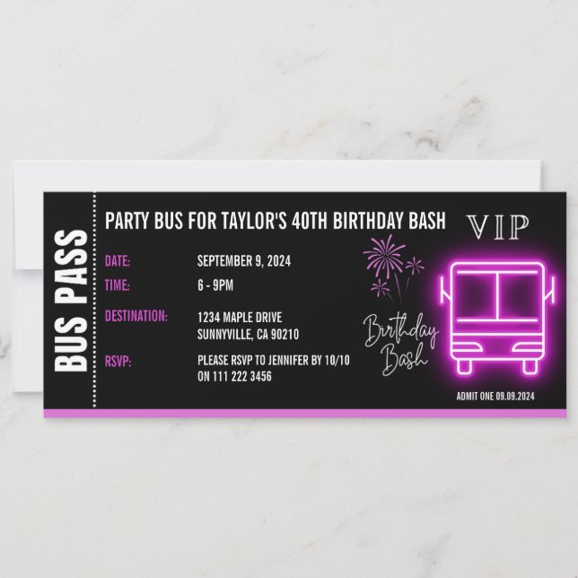 Party Bus Pass Ticket VIP Birthday Invitation (Front)