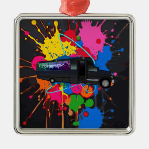 Party Bus Time Bright Paint Splatter Colourful Nig Metal Ornament