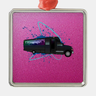 Party Bus Time Pink Glitter Glam Nightlife Metal Ornament