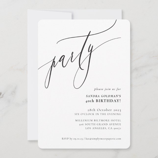 PARTY calligraphy stylish minimal black white Invitation (Front)