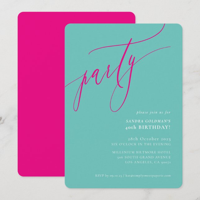 PARTY calligraphy stylish minimal fun mint pink Invitation (Front/Back)