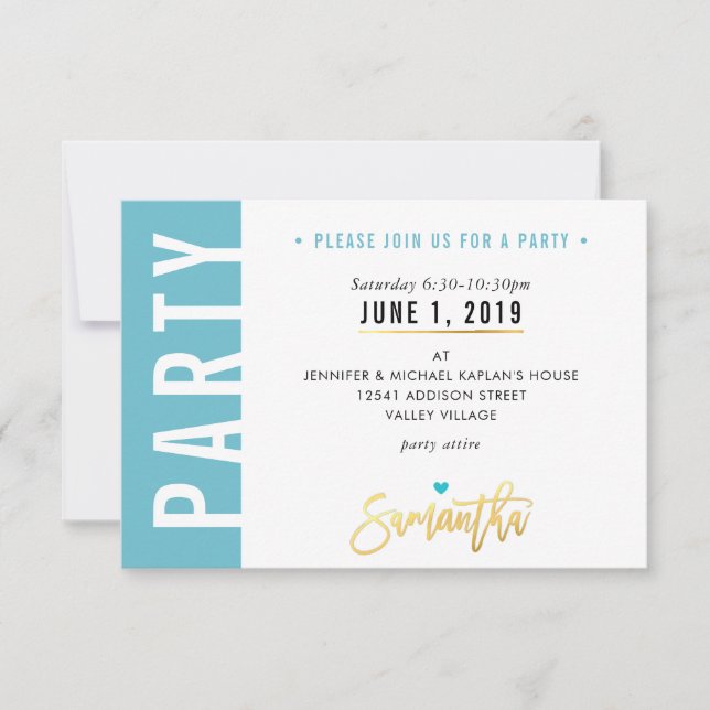 PARTY CARD cute turquoise blue white hearts gold (Front)