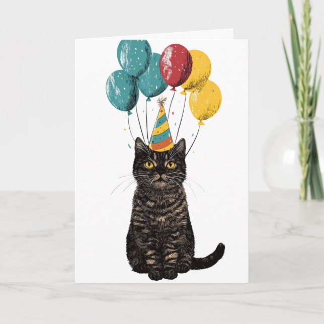 Party Cat Birthday Card – Cute Black Cat with Ball (Front)