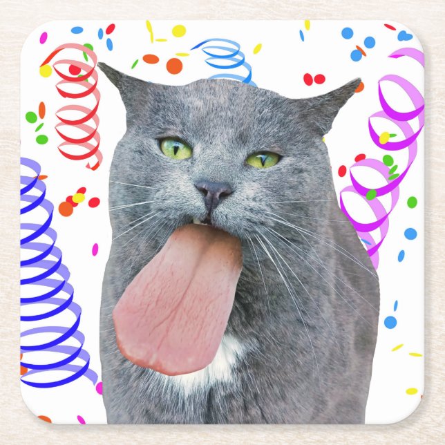 Party Cat Got Your Tongue? Square Paper Coaster (Front)