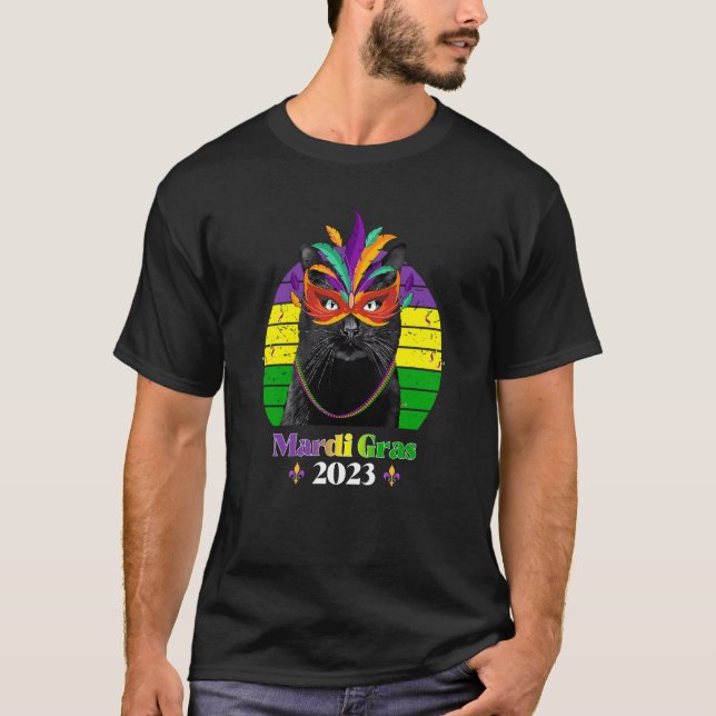 Party Cat Mask Beads Mardi Gras 2023  9 T-Shirt (Front)