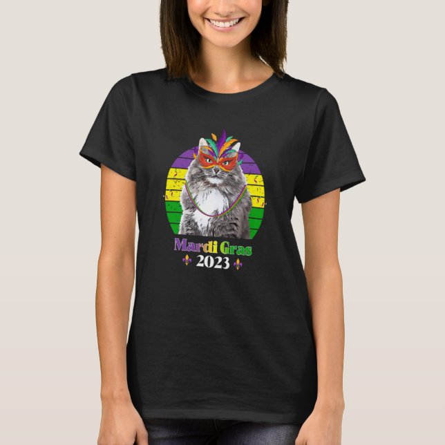 Party Cat Mask Beads Mardi Gras 2023 T-Shirt (Front)