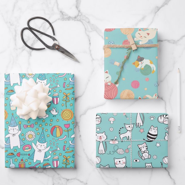 Party Cats Blue Wrapping Paper (Front)