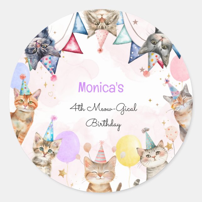 Party cats meow-gical kids birthday classic round sticker (Front)