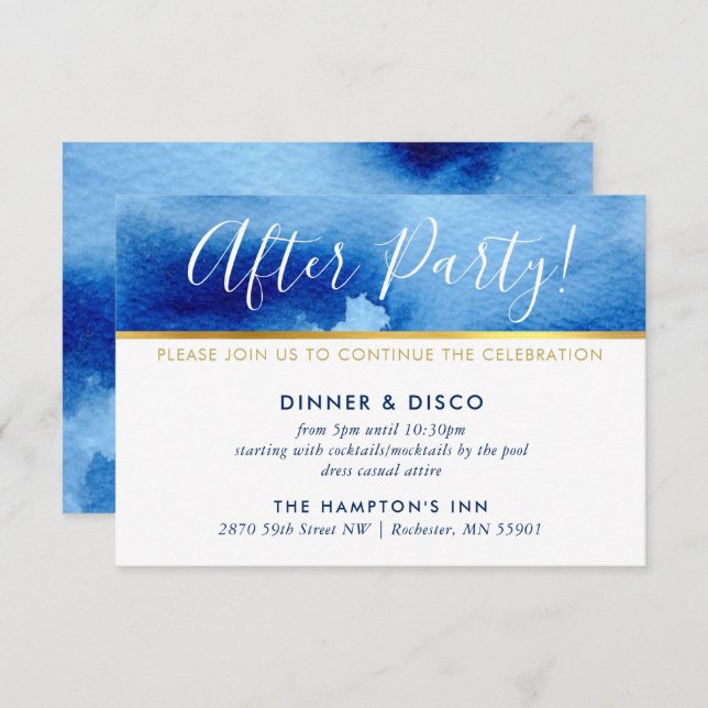 PARTY CELEBRATION CARD gold smart blue watercolor (Front/Back)
