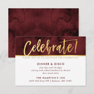 PARTY CELEBRATION CARD maroon watercolor gold type