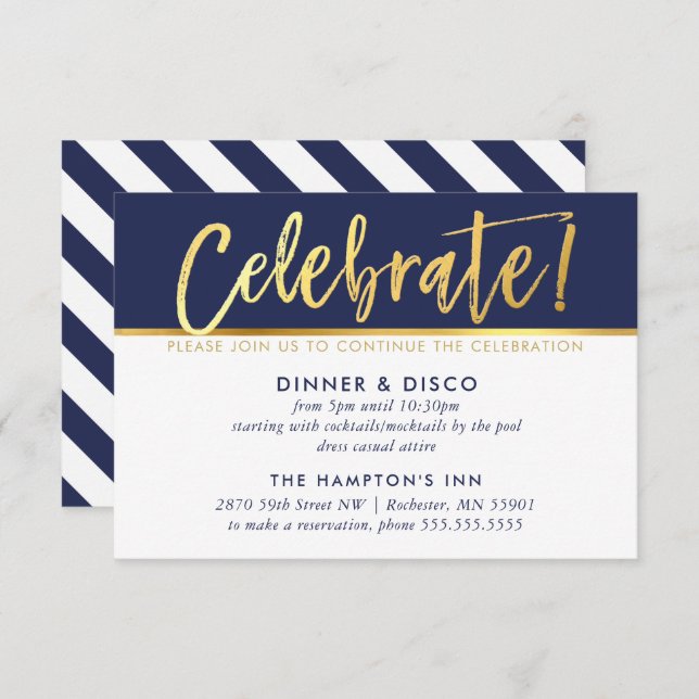PARTY CELEBRATION CARD modern navy gold writing (Front/Back)