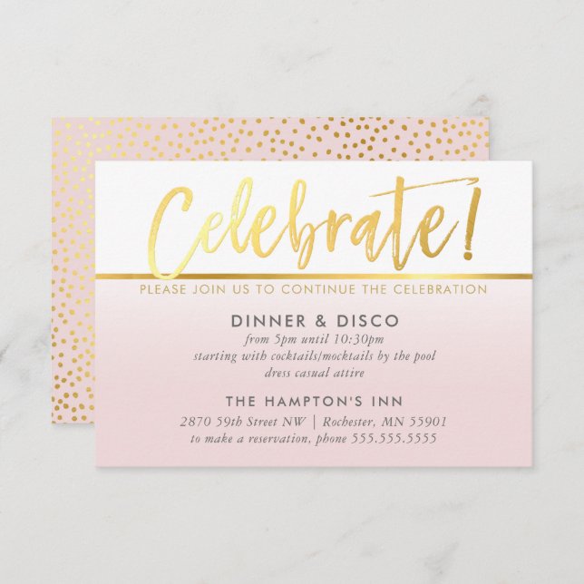 PARTY CELEBRATION CARD ombre pale pink faux gold (Front/Back)