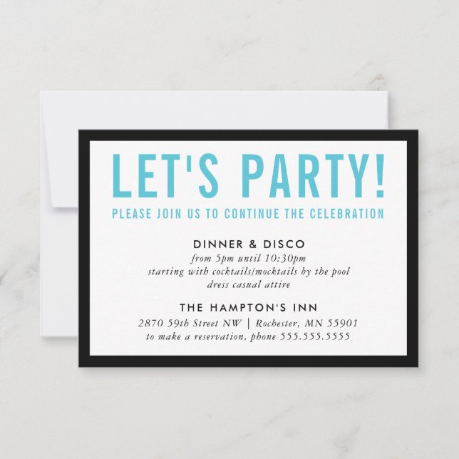PARTY CELEBRATION INFO modern bold black aqua blue Invitation (Front)