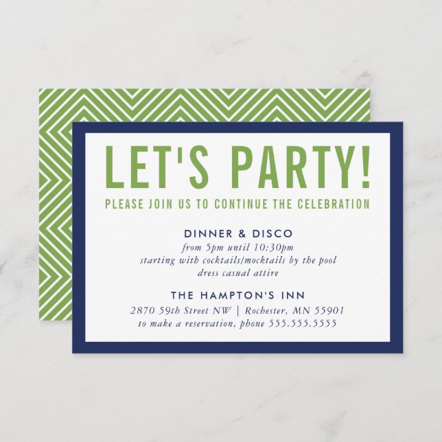 PARTY CELEBRATION INFO modern bold navy blue green Invitation (Front/Back)