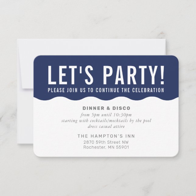 PARTY CELEBRATION INFO modern bold wave navy blue Invitation (Front)