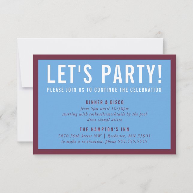 PARTY CELEBRATION INFO modern minimal maroon blue Invitation (Front)