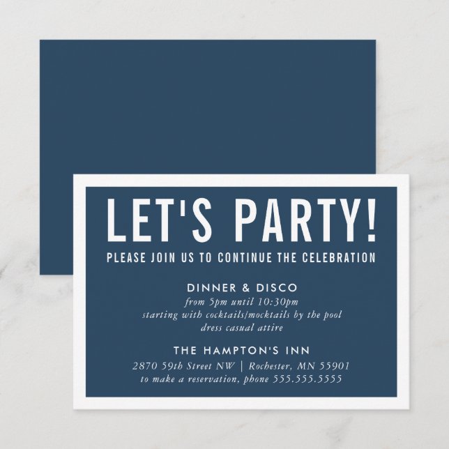 PARTY CELEBRATION INFO simple modern block navy Invitation (Front/Back)