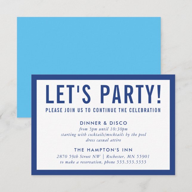 PARTY CELEBRATION INFO simple modern bold blue Invitation (Front/Back)