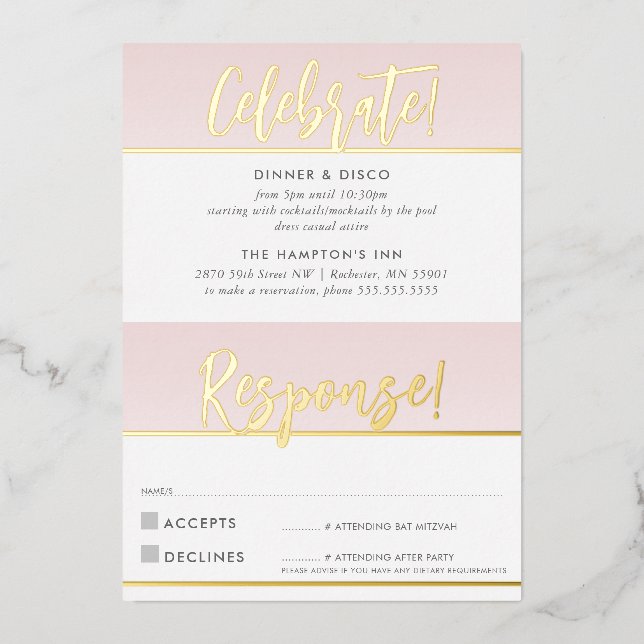PARTY CELEBRATION & RESPONSE CARD pink gold (Front)