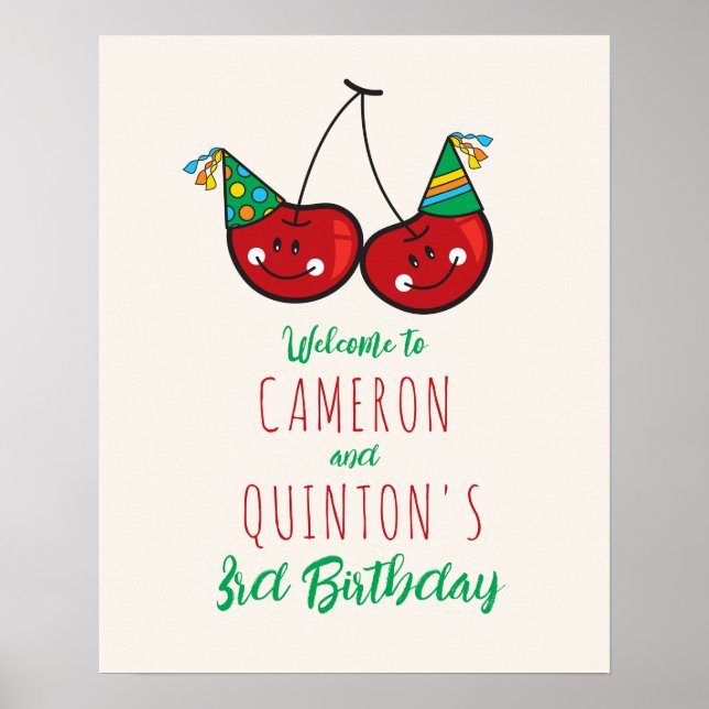 Party Cheeky Cherries Kids Twins Birthday Poster (Front)