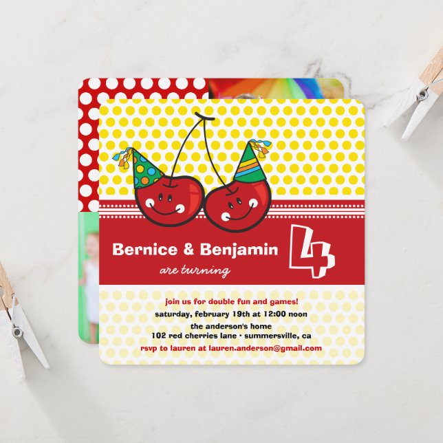 Party Cherries Kids Twins Joint Birthday Photo Invitation (Front/Back In Situ)