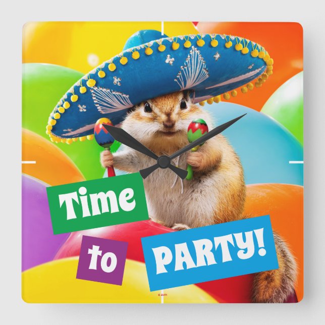Party Chipmunk In Sombrero Square Wall Clock (Front)