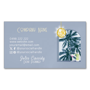 Party Cocktail Disco Ball Palm Blue Event Planner Magnetic Business Card