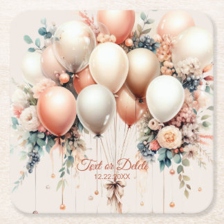 Party Colourful White Peach Floral Balloons Elegan Square Paper Coaster