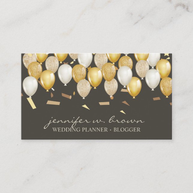 Party Confetti Event Brown Gold Balloon Business Card (Front)