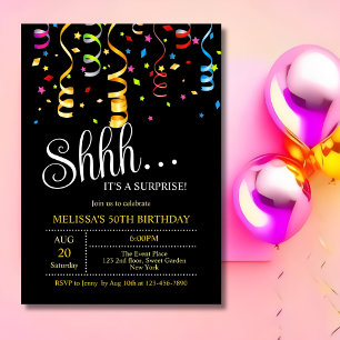Party Confetti Ribbon Black Surprise Birthday Invitation