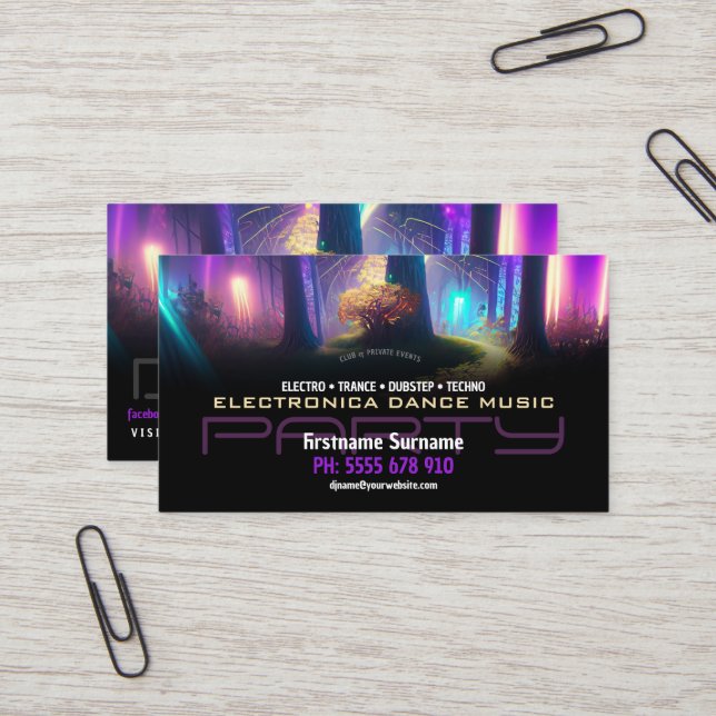 Party DJ Dance Magical Forest Lights Business Card (Front/Back In Situ)