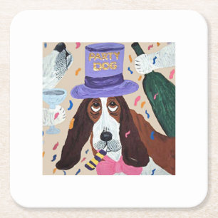 Party Dog Basset Hound Square Paper Coaster