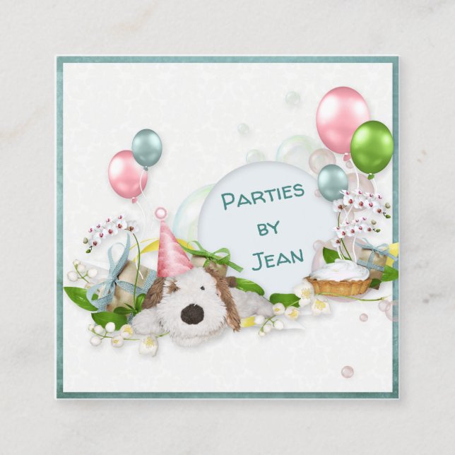 Party Dog In Hat With Balloons Square Business Card (Front)