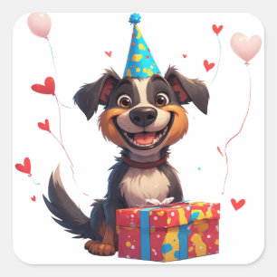 🐕 Party Dog With Birthday Hat And Gift Square Sticker