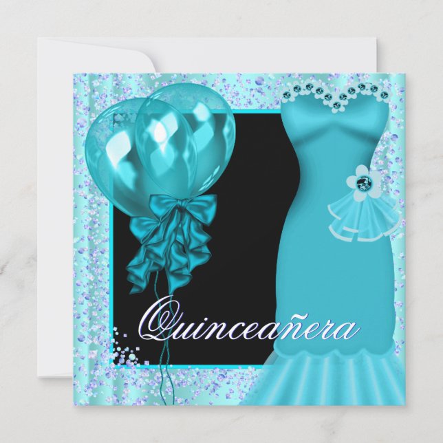 Party Dress Balloons Purple Teal Blue Quinceanera Invitation (Front)