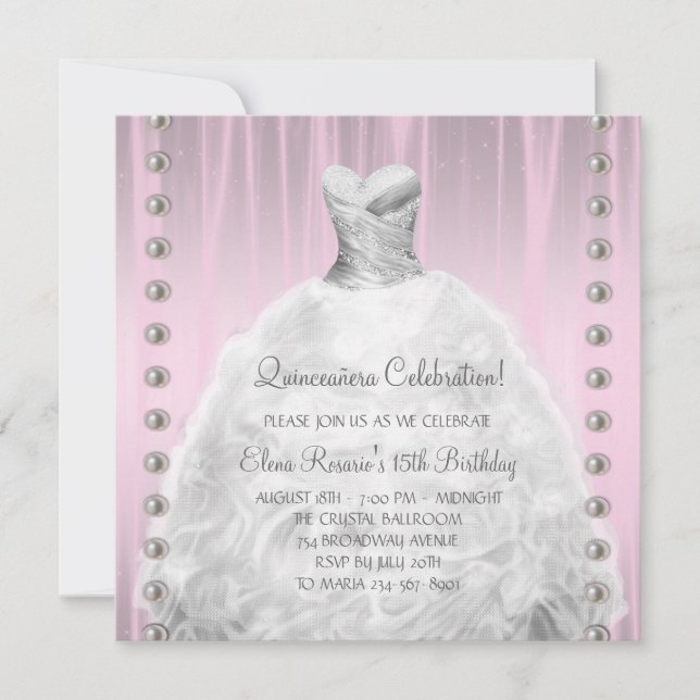 Party Dress Pearls Pink Quinceanera Invitation (Front)