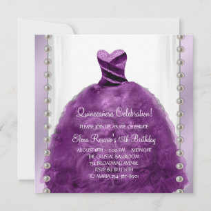 Party Dress Pearls Plum Purple Quinceanera Invitation