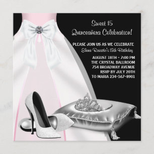 Party Dress Tiara Pink Black Quinceanera Invitation