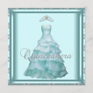 Party Dress Tiara Teal Damask Quinceanera Invitation