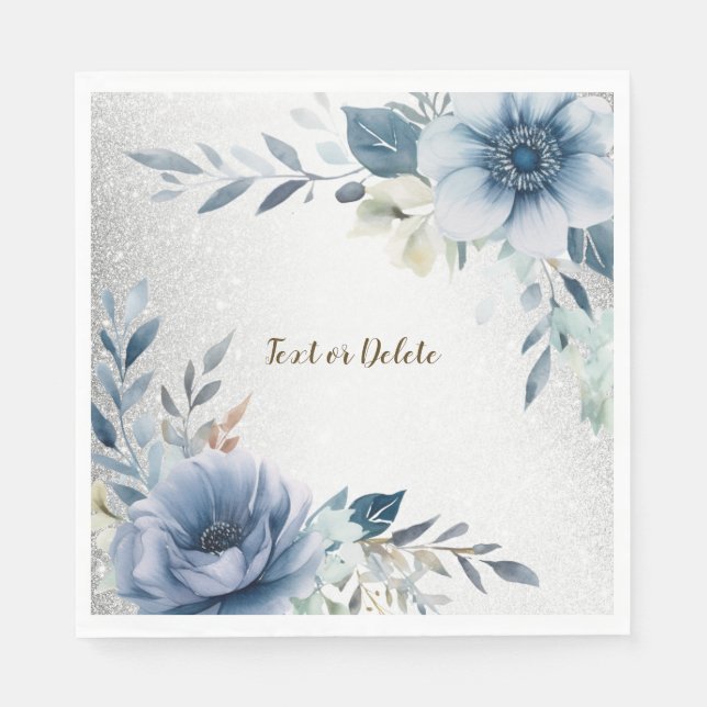 Party Dusty Blue Watercolor Flowers Silver Elegant Napkin (Front)