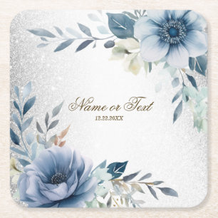 Party Dusty Blue Watercolor Flowers Silver Elegant Square Paper Coaster