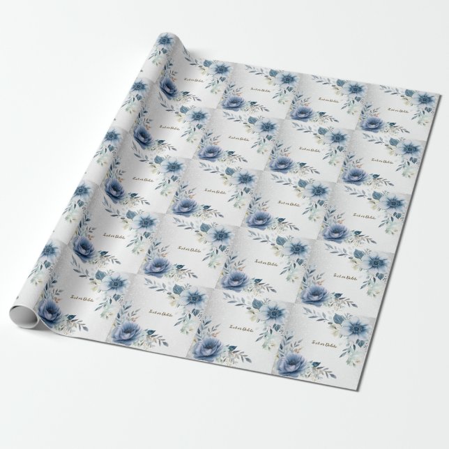Party Dusty Blue Watercolor Flowers Silver Elegant Wrapping Paper (Unrolled)