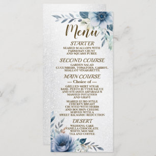 Party Dusty Blue Watercolor Flowers Silver Shiny Menu