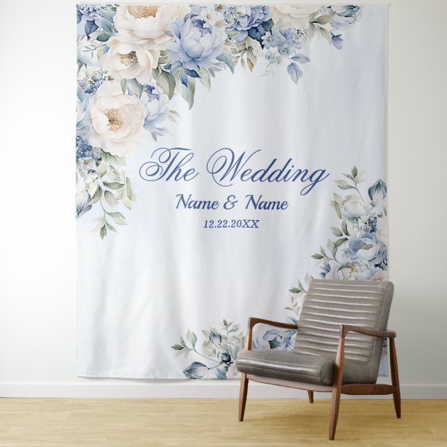 Party Dusty Blue Watercolor Ivory Flowers Leaves Tapestry (In Situ)