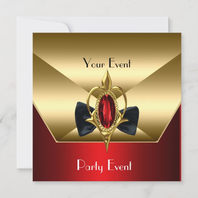 Party Event Black Tie Red Gold Diamond Jewel Invitation (Front)