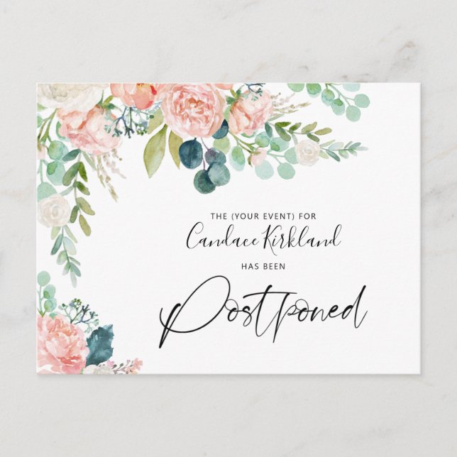 Party Event Postponed Date Blush Pink Floral Announcement Postcard (Front)