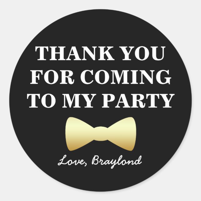 Party Favour Stickers, Black and Gold with Bow Tie Classic Round Sticker (Front)