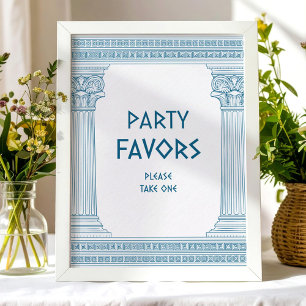 Party Favours sign with Greek temple in blue