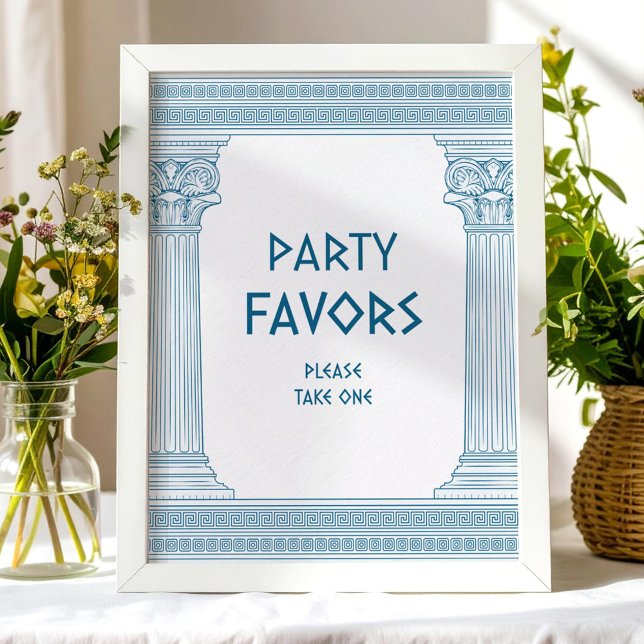 Party Favours sign with Greek temple in blue (Creator Uploaded)