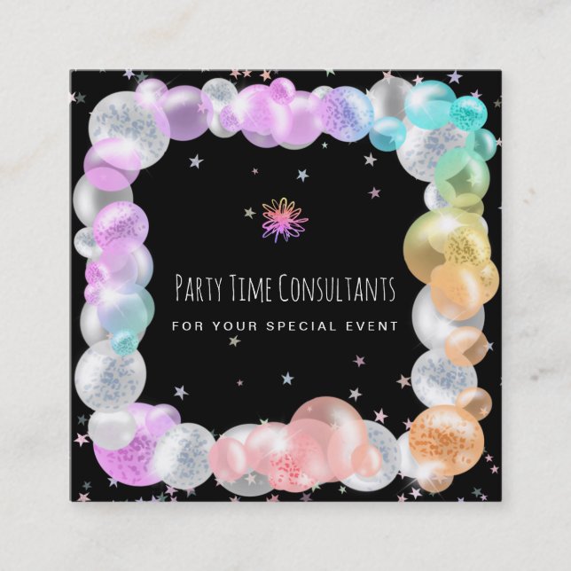 *~* Party Festive Balloons Rainbow Event Planner  Square Business Card (Front)